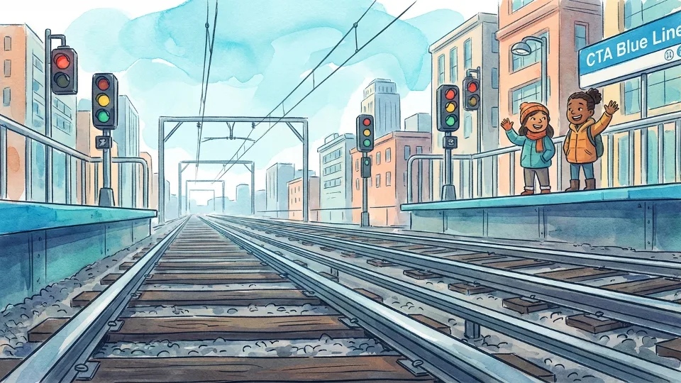 CTA Blue Line track infrastructure showing rail lines and signals in downtown Chicago. Alt text: Chicago Transit Authority Blue Line tracks and rail infrastructure. Composition: Track-level view emphasizing rail infrastructure and signal systems.