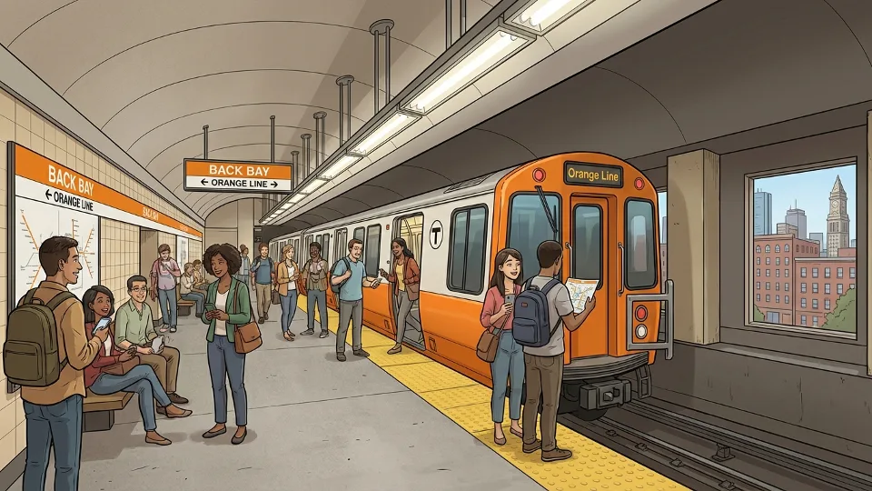 MBTA Orange Line train at Back Bay station platform with passengers waiting