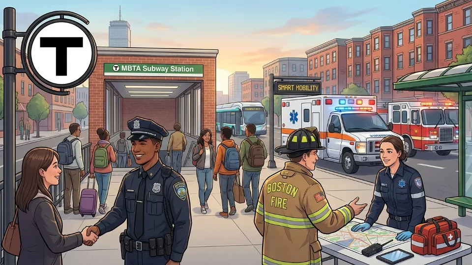 Emergency response personnel at subway station entrance with MBTA signage visible