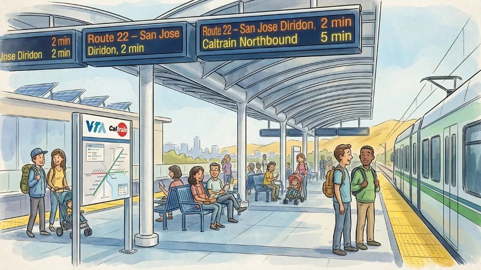 Transit center platform with route information display and waiting area