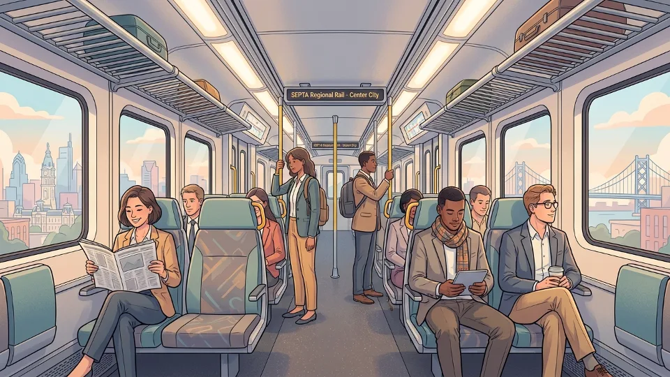 SEPTA commuter rail train interior with passengers during morning commute