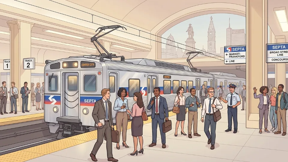 SEPTA Regional Rail train at suburban station platform during morning hours