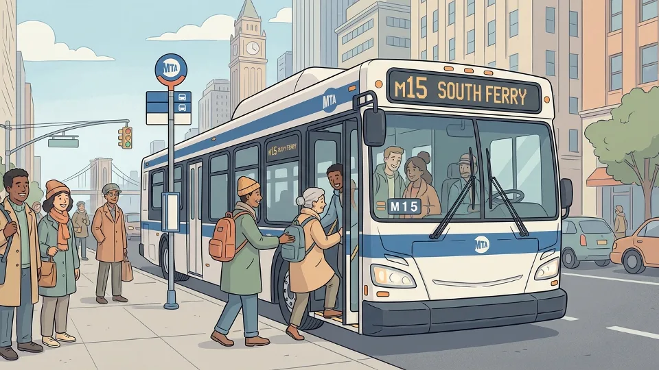 MTA bus on New York City street with passengers boarding