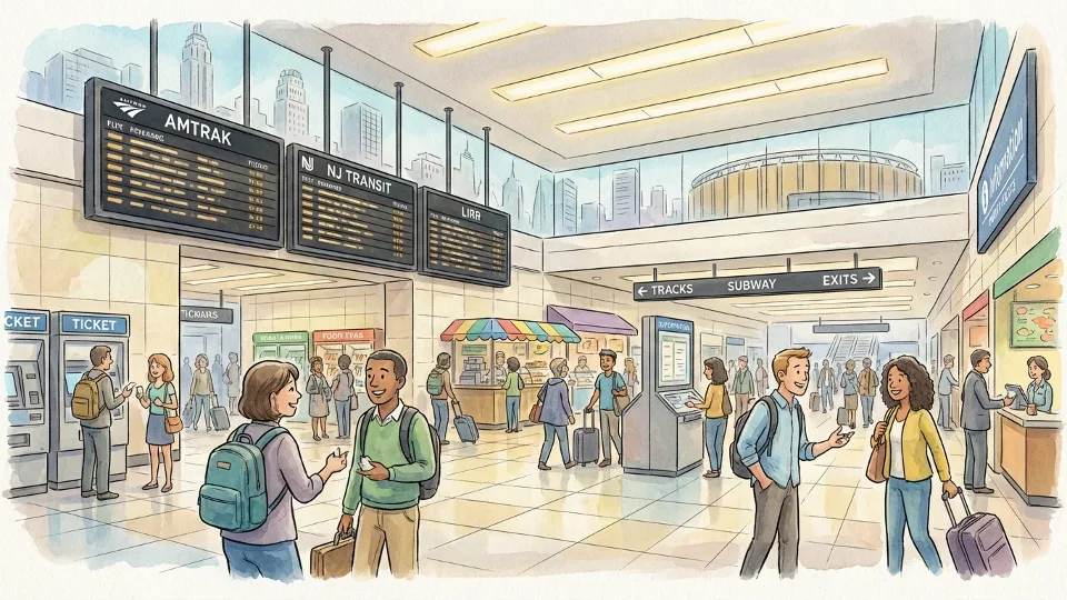 Penn Station main concourse with passengers and train departure boards in New York City
