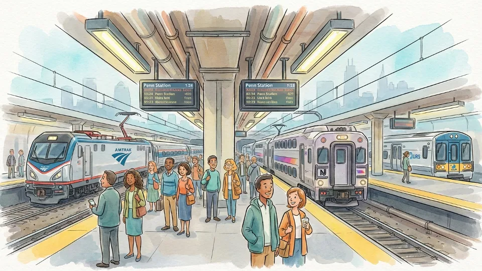 Train platforms and tracks at Penn Station with commuters waiting for trains