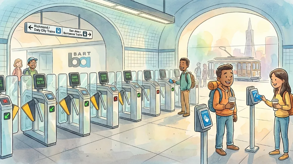 BART fare gate entrance at subway station with digital fare display