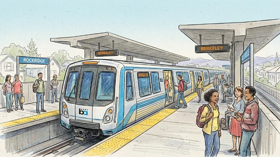 BART train at Rockridge Station platform in Oakland with passengers boarding