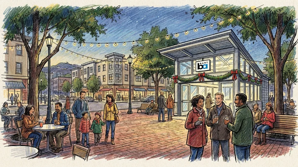 BART Rockridge Station plaza in Oakland with holiday decorations and community gathering