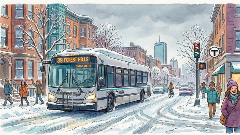 MBTA bus operating on Boston street in winter conditions