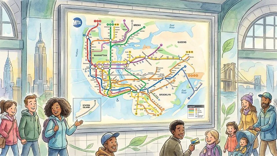 NYC subway map display showing multiple transit lines