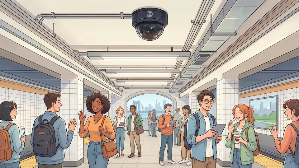 MTA subway security camera mounted on station platform ceiling monitoring tracks and infrastructure