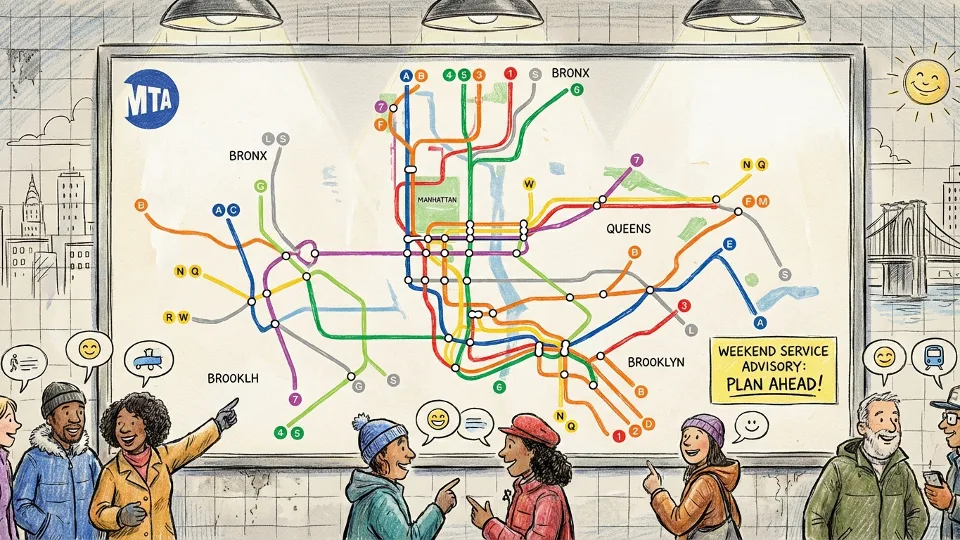 New York City subway map display board showing multiple colored transit lines and station connections. Alt text: MTA subway system map showing multiple transit lines affected by weekend service changes. Composition: Close-up of system map highlighting interconnected lines and transfer points.