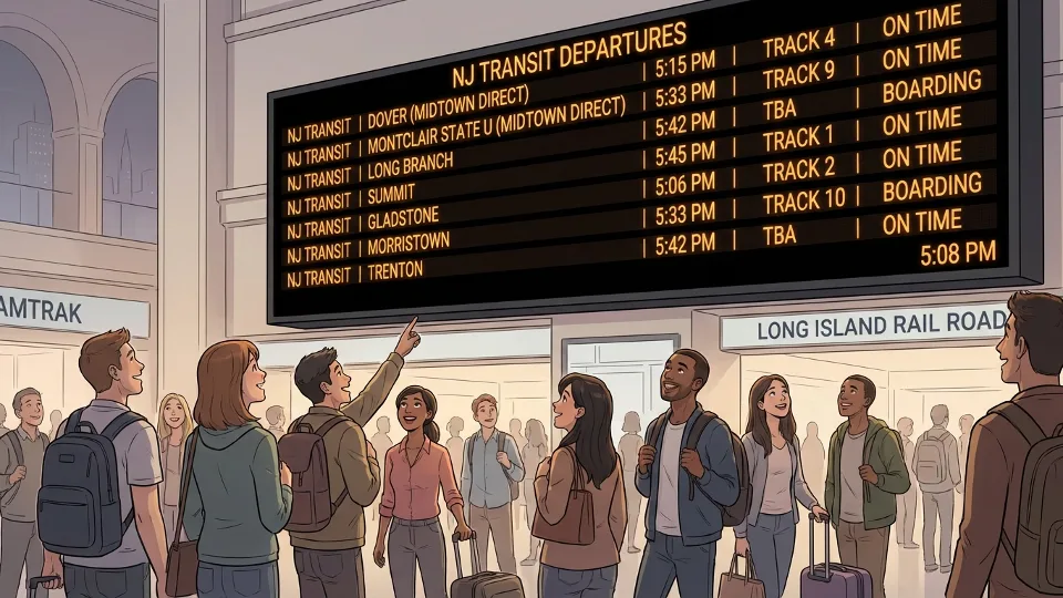 Penn Station New York departure board showing NJ Transit Midtown Direct train schedules and track assignments