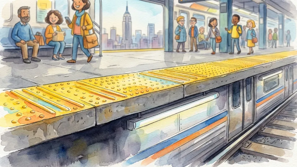 Close-up of subway platform edge with yellow safety stripe and gap between platform and train car, showing the space where accidents can occur, eye-level perspective