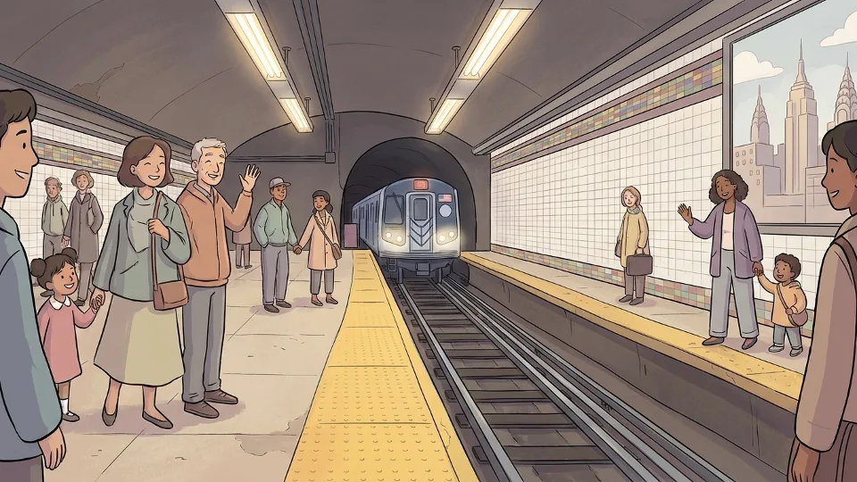 NYC subway platform edge with yellow safety stripe and approaching train