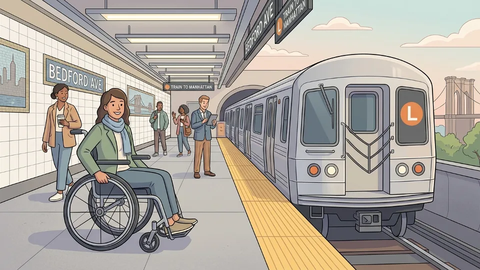 Woman in wheelchair at NYC subway station platform with L train visible