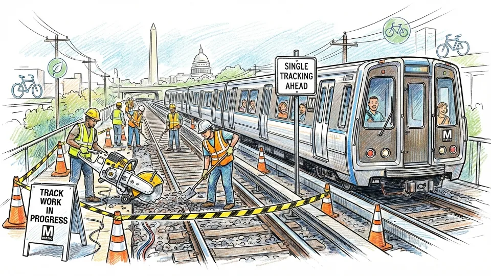 Metro track maintenance work with single tracking operation in progress