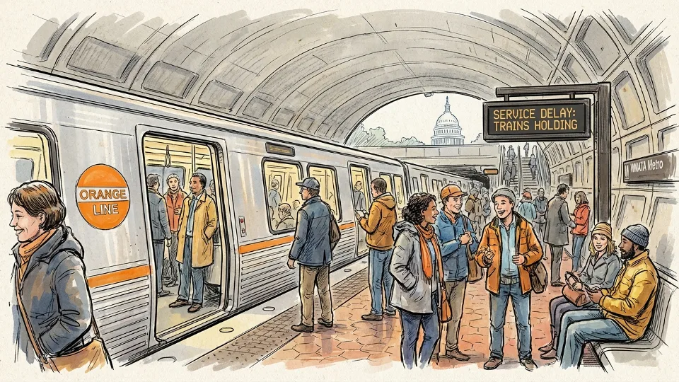 Metro Orange Line train at station platform with passengers waiting during service delay