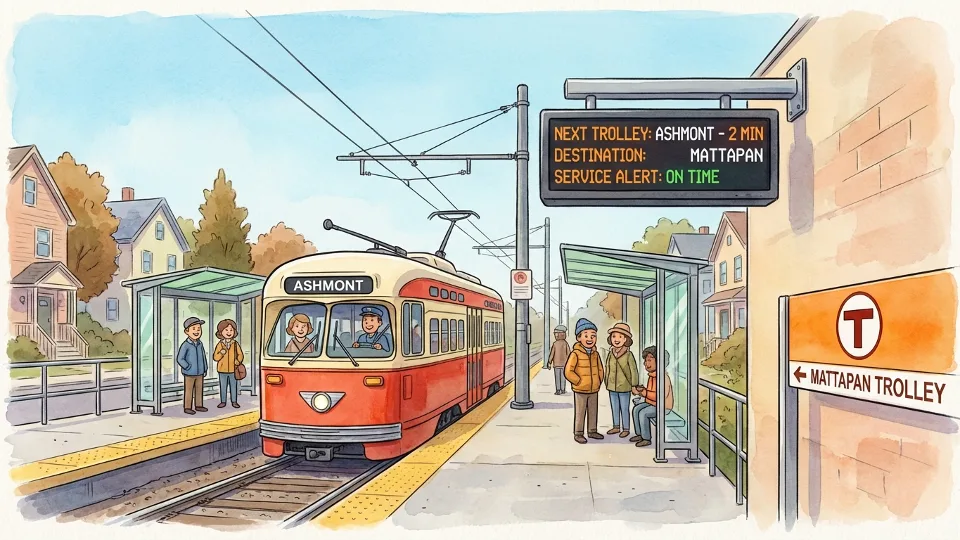 MBTA Mattapan Trolley station platform with service information display