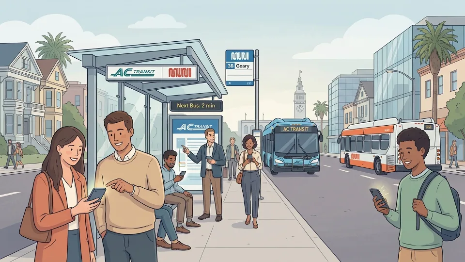 Transit passengers checking mobile phones for service updates at Bay Area bus stop