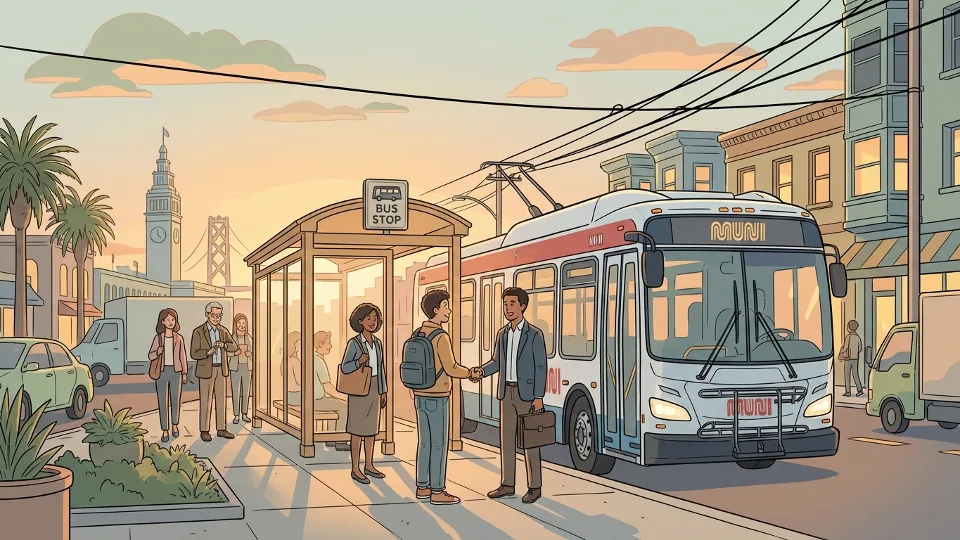 Bay Area transit bus at urban stop during evening commute hours with passengers waiting on sidewalk