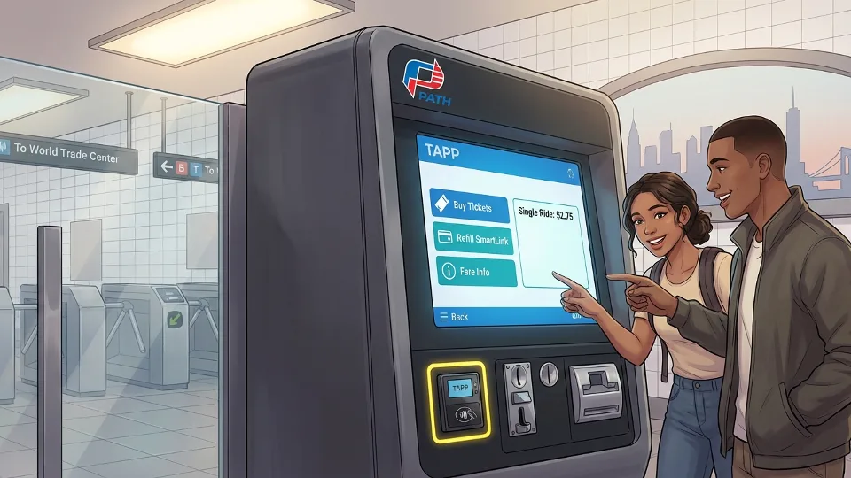 Close-up of TAPP ticket vending machine interface at PATH station