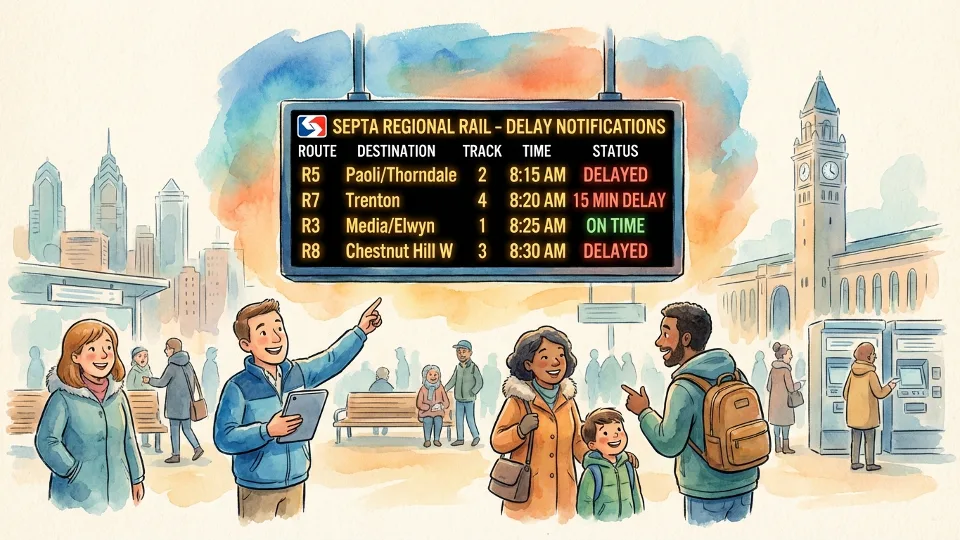 SEPTA train information display board showing delay notification