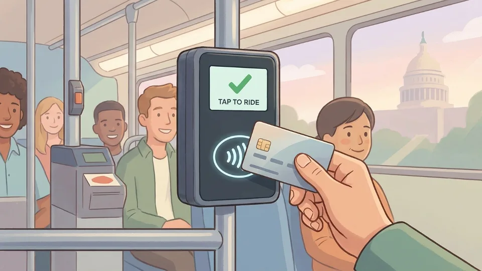 Close-up of contactless payment reader on Metrobus with hand tapping credit card