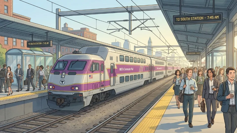 MBTA Commuter Rail train at Boston station platform during morning hours