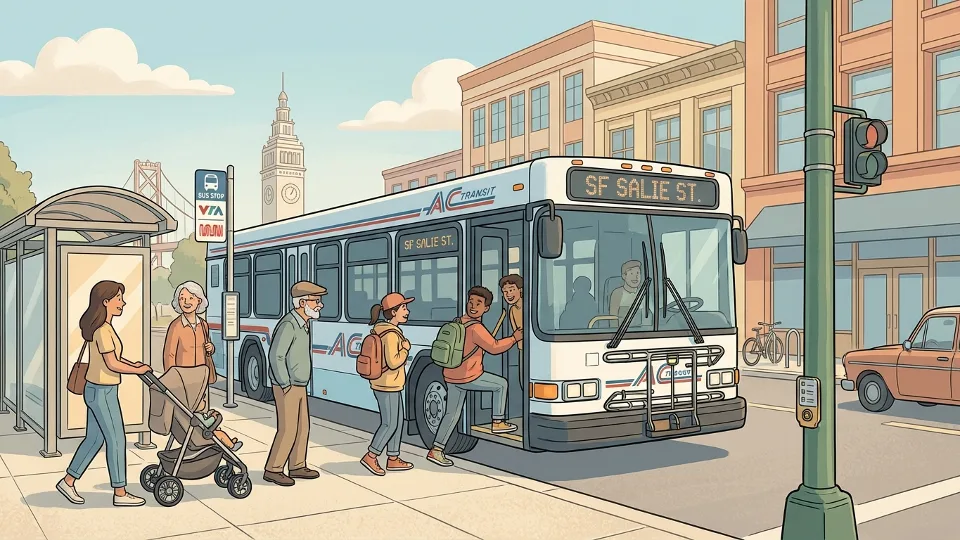 Bay Area transit bus at urban stop with passengers boarding during daytime