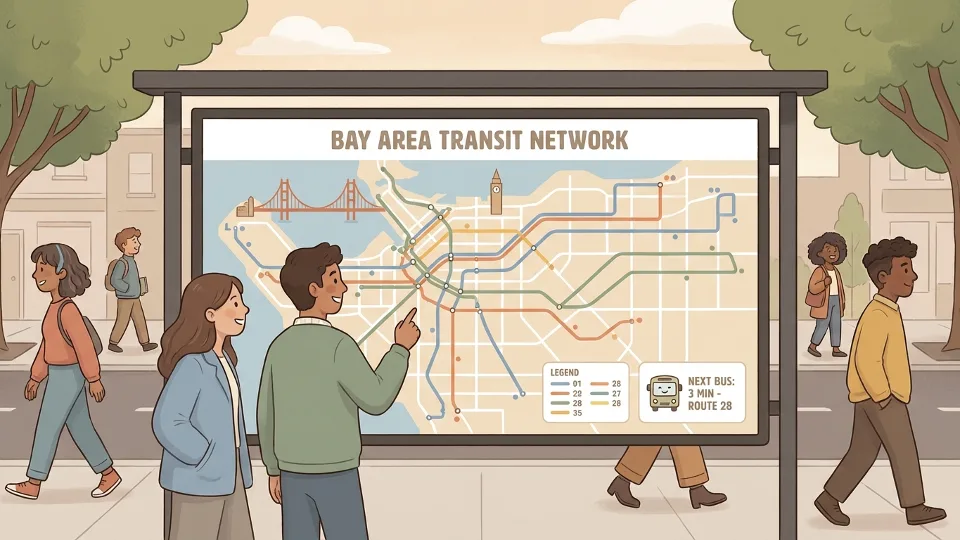 Transit route map display showing bus lines and stops in urban setting