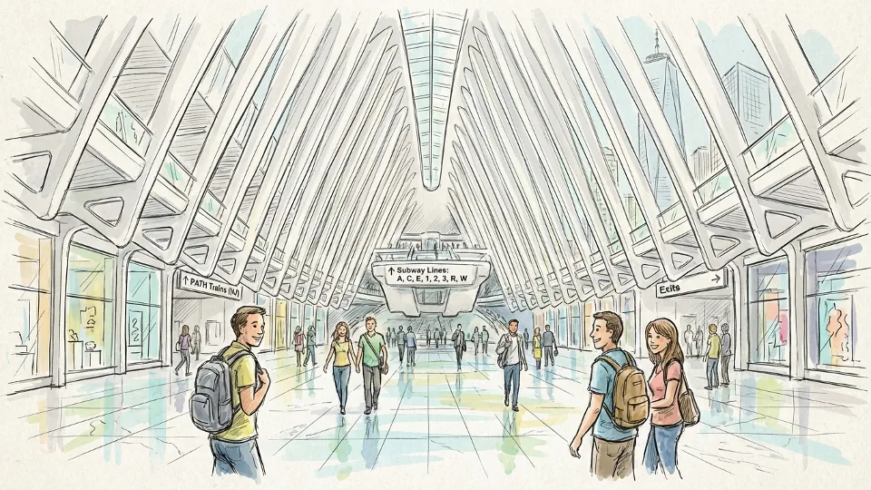 Interior view of WTC Oculus transit hub showing the distinctive white ribbed ceiling architecture and main concourse with directional signage to PATH trains and subway connections