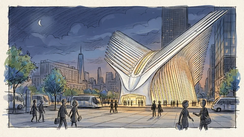 World Trade Center Oculus transportation hub exterior showing main entrance with distinctive white architectural ribs during evening hours, with pedestrians approaching the building