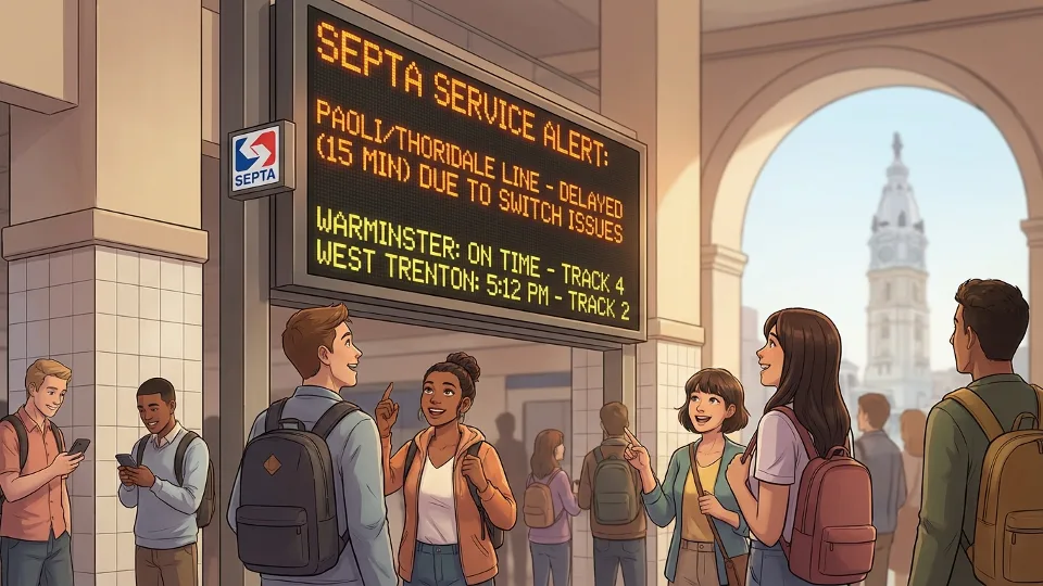 SEPTA service alert display board showing train delay information at station