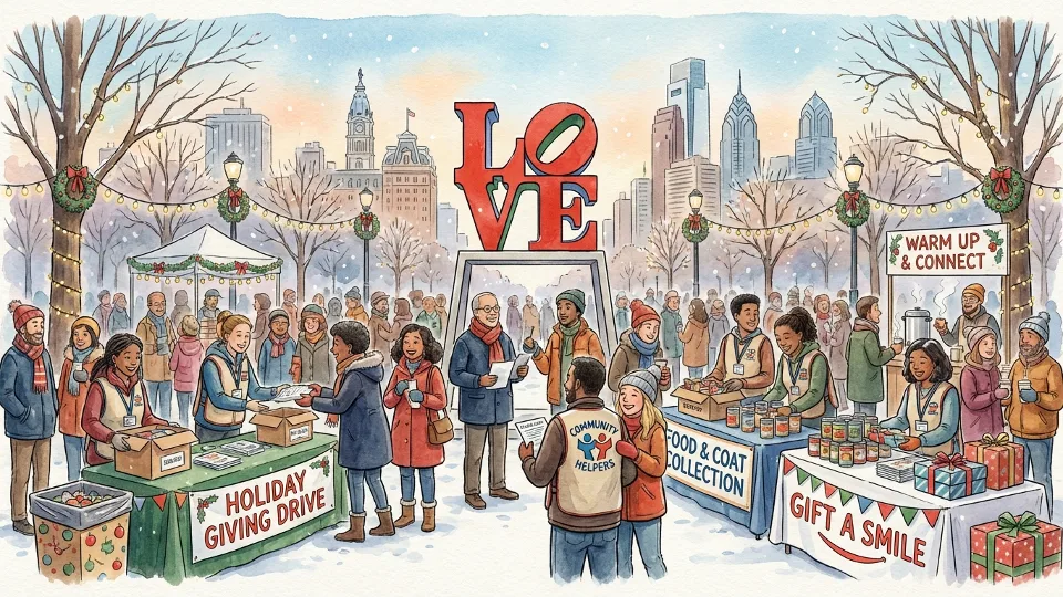 Volunteers and community members gathered at Love Park Philadelphia for charitable holiday campaign kickoff event
