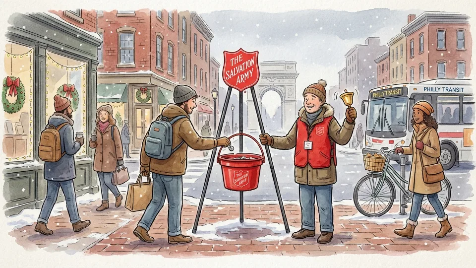 Red Salvation Army kettle with bell ringer at urban street corner in Philadelphia during holiday season