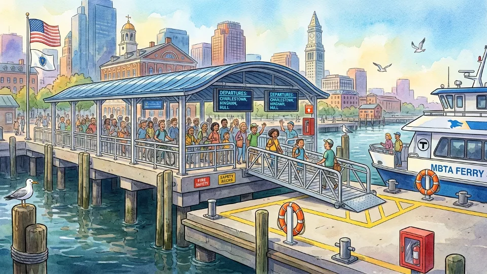 Ferry terminal dock infrastructure with safety equipment and boarding area