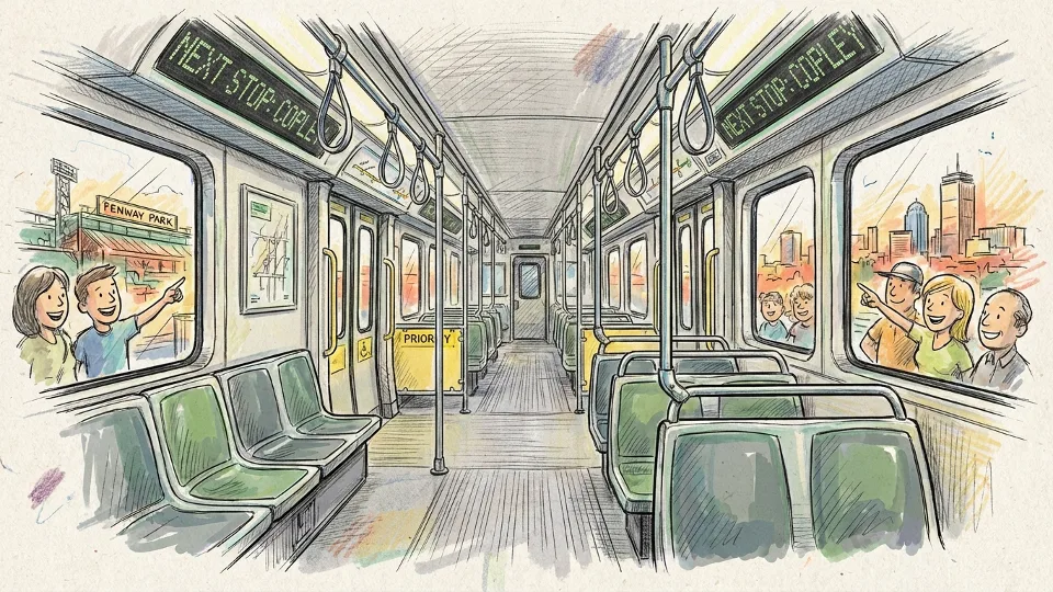 Interior view of MBTA Green Line train car with empty seats and handrails. Alt text: MBTA Green Line B Branch interior showing passenger seating and accessibility features. Composition: Wide angle from center of car showing rows of seats, grab bars, and digital information displays.