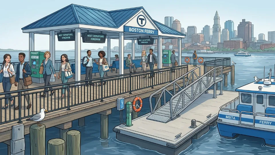 Ferry dock and boarding area at MBTA terminal showing infrastructure and waiting area