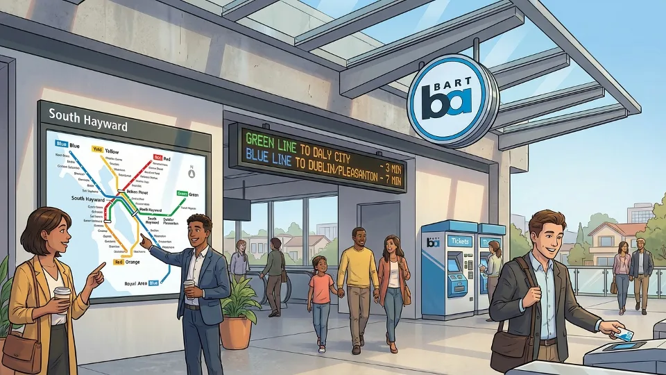South Hayward BART station entrance with system map and schedule display
