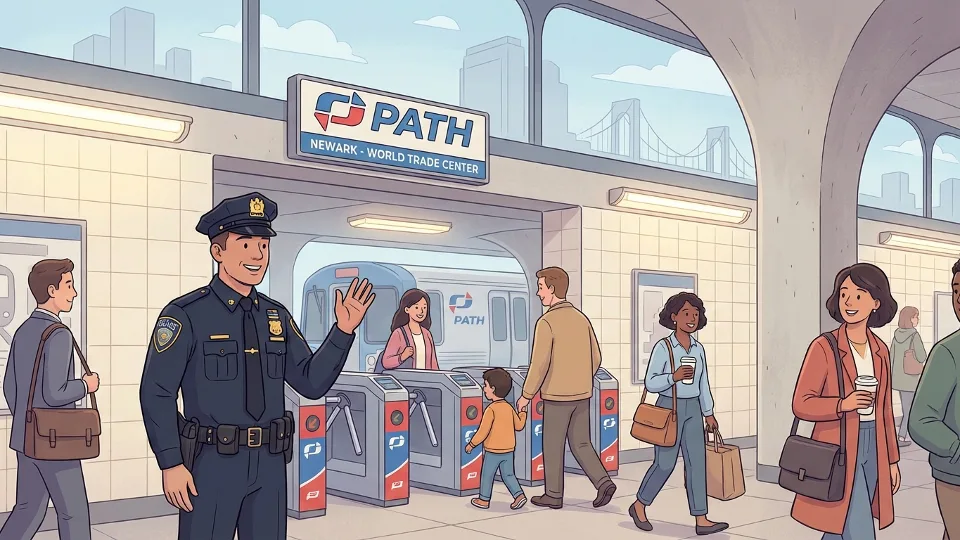 Port Authority Police officer at PATH station entrance conducting security operations. Alt text: Port Authority Police PATH station security Newark New Jersey transit safety. Composition: Officer in uniform near station entrance, showing security presence that protects the bi-state transit system.