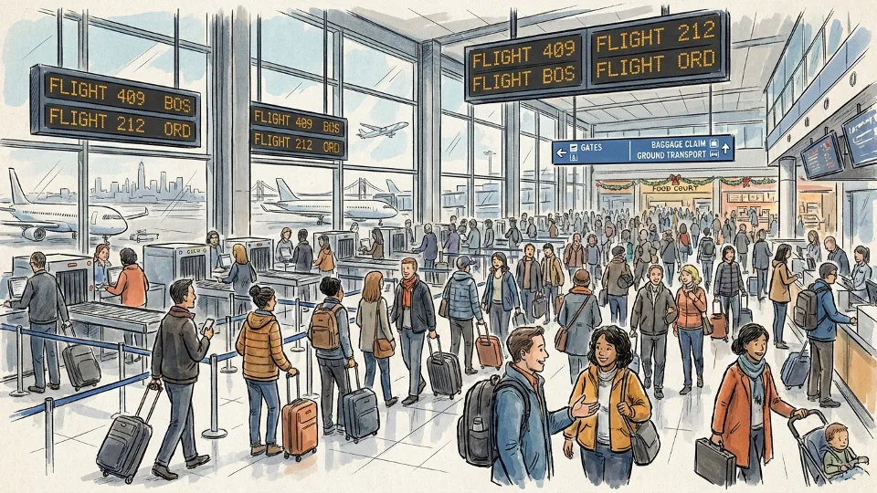 Crowded airport terminal during Thanksgiving holiday travel with passengers and luggage