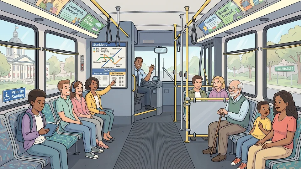 Interior view of StarMetro bus showing route map and schedule information posted for passengers