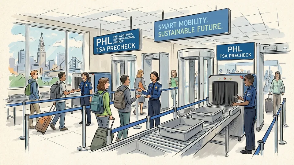 TSA security checkpoint at Philadelphia International Airport with passengers in screening line and TSA officers processing travelers