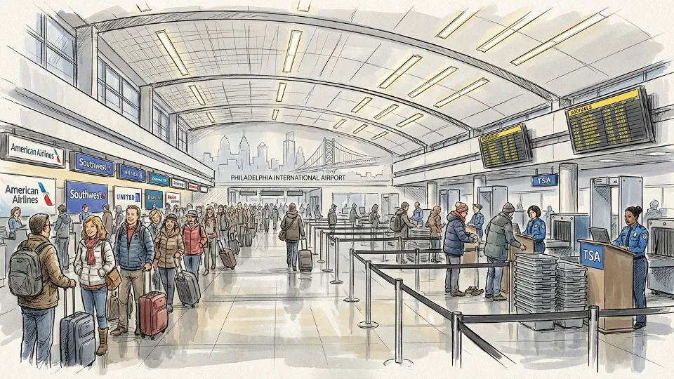Philadelphia International Airport terminal with travelers at check-in counters and security checkpoint during busy holiday travel period