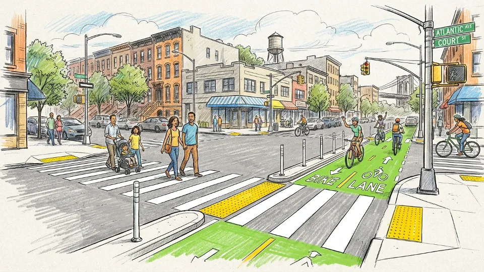 New pedestrian crosswalk and bike lane infrastructure on Brooklyn street