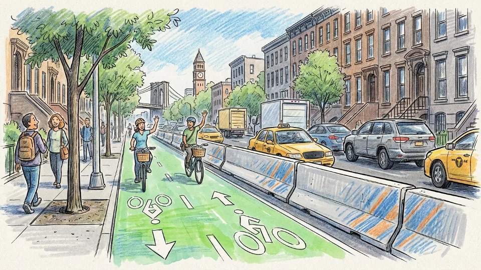 Protected bike lane with concrete barriers on urban Brooklyn street