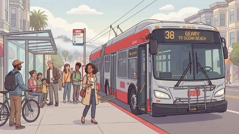 Bay Area transit bus at urban stop with passengers waiting