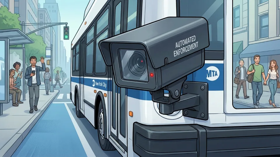 Close-up of automated enforcement camera mounted on MTA bus capturing bus lane violations