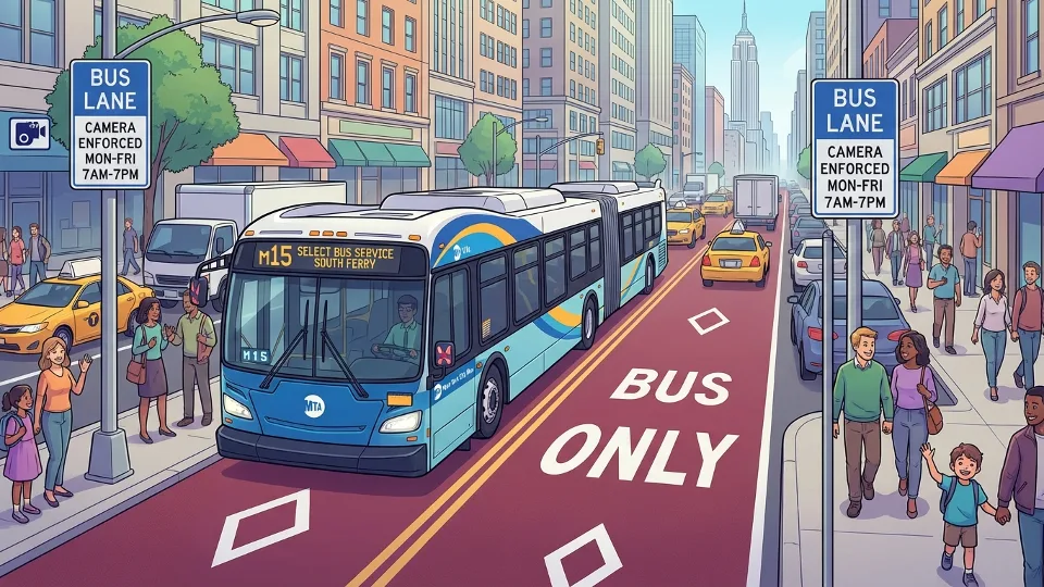 MTA bus traveling in dedicated bus lane on busy Manhattan street with camera enforcement signage visible